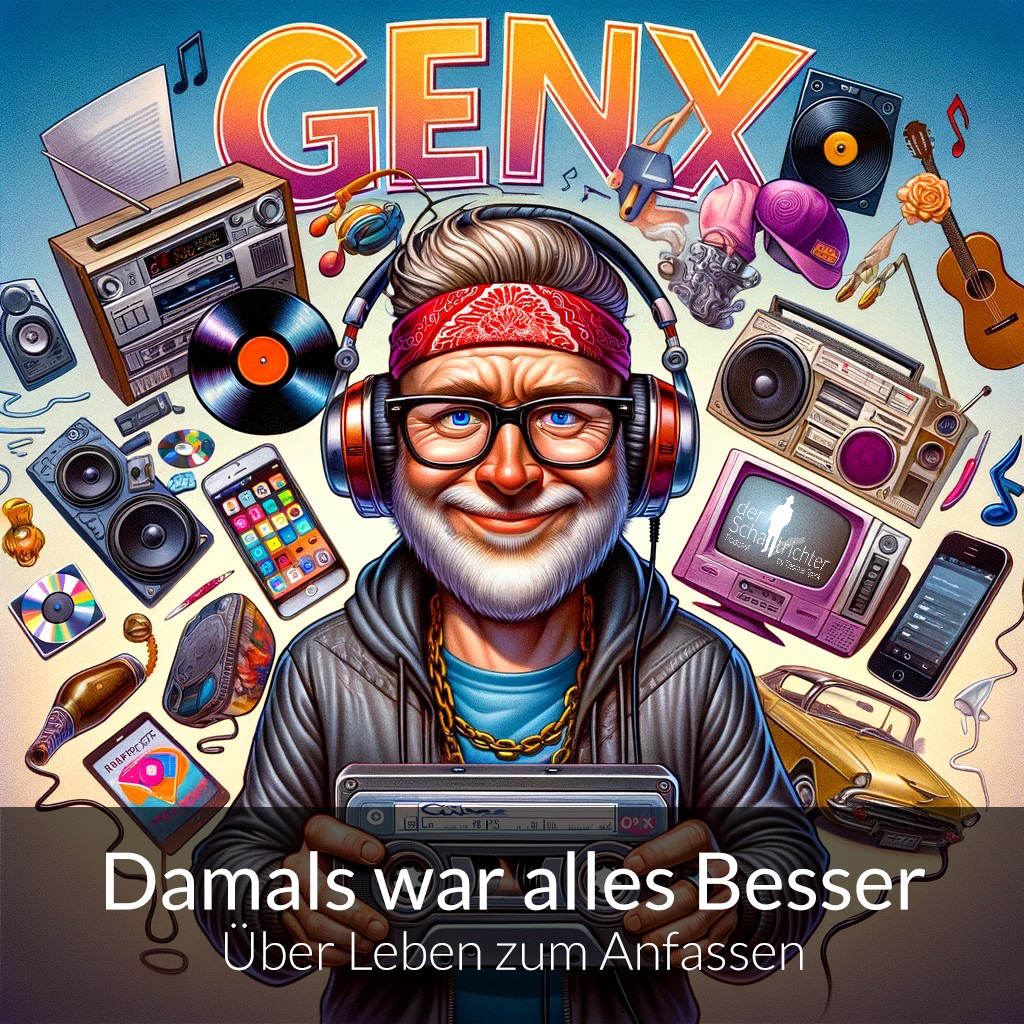 Ein älterer herr mit einem Walkman in der Hand, darüber steht GenX. Er ist umgeben von Dingen aus der zeit um 1980, Radio, Stereo, Schallplatten etc. Und der titel der Episode Damals war alles Besser - Leben zum Anfassen