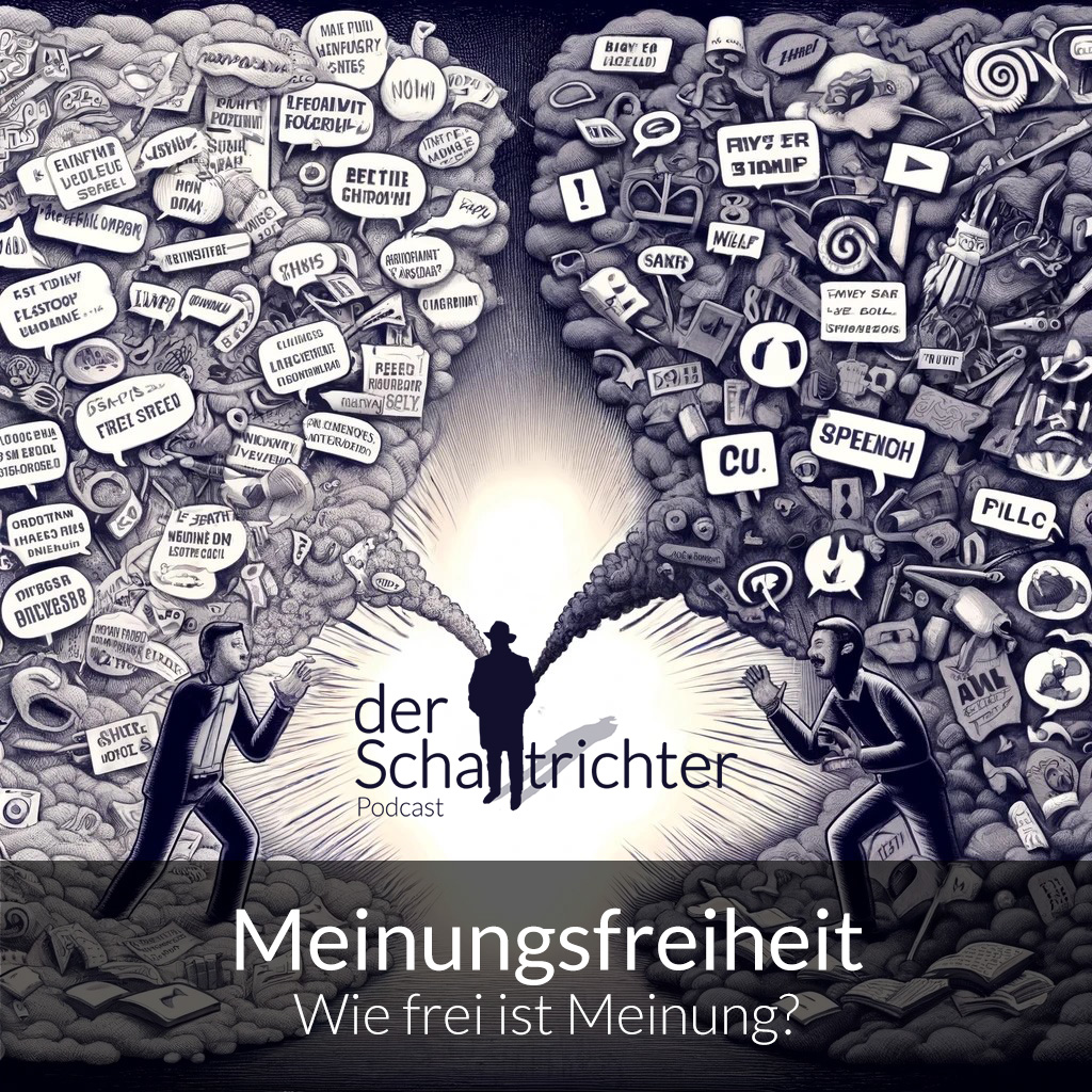 Links sowie Rechts zwei Personen, die sich in heftiger Diskussion gegenüberstehen, umgeben von Gedankenwolken die mit allerlei Schrott gefüllt sind (symbol für ungefiltertes Hinausplärren von Meinungen). Dazwischen das Schalltrichter logo, darunter Titel und Untertitel