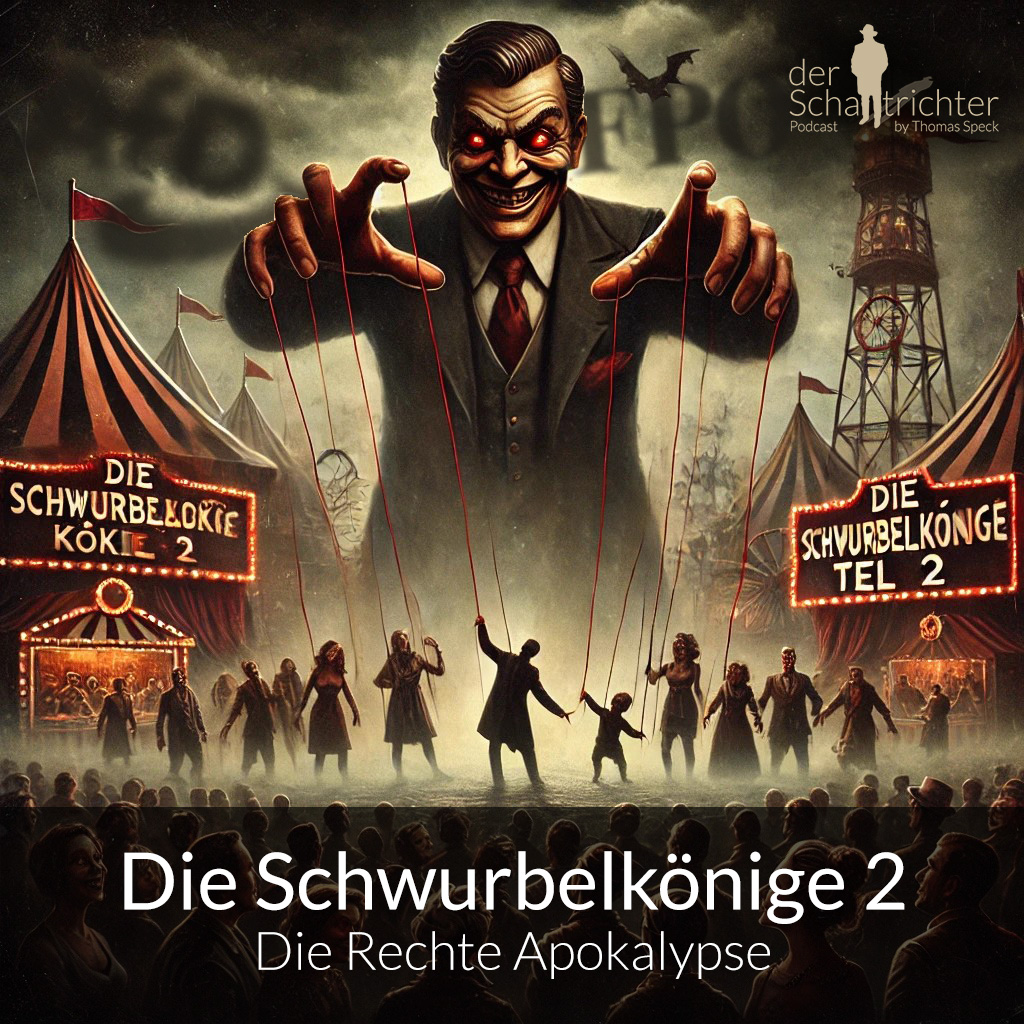 Eine grimmig grinsende Gestalt, die in den Händen Fäden hält, die wiederum an Menschen befestigt sind, die nach seinem Gutdünken tanzen. Draum eine gaffende Menge. dahinter ein gewittriger Himmel, wo in den Wolken die Schriftzüge AFD und FPÖ versteckt sind.