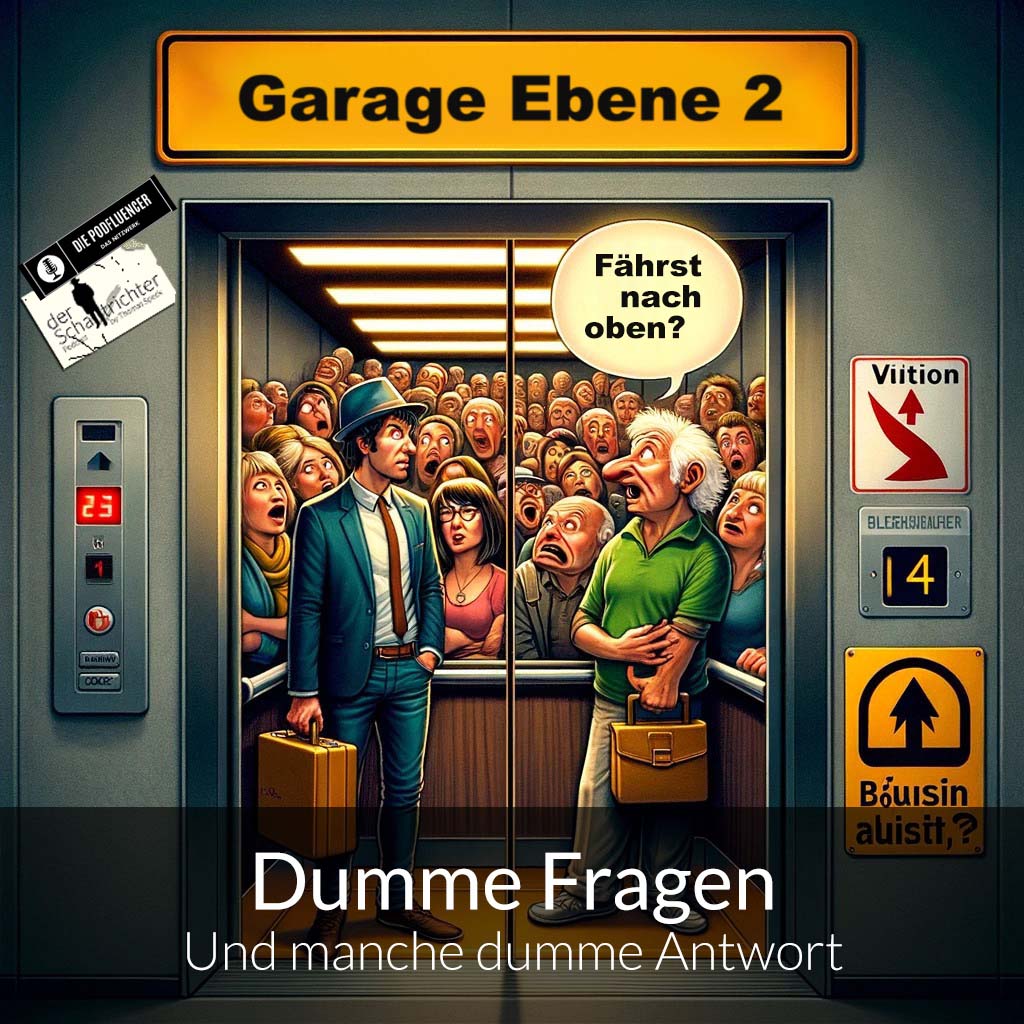 Zwei männer, die sich vor dem lLift im untersten Geschoss einer Tiefgarage treffen. Der eine fragt: "Fährst nach oben?" - die Ironie: Der Lift kann von hier nur nach oben fahren.