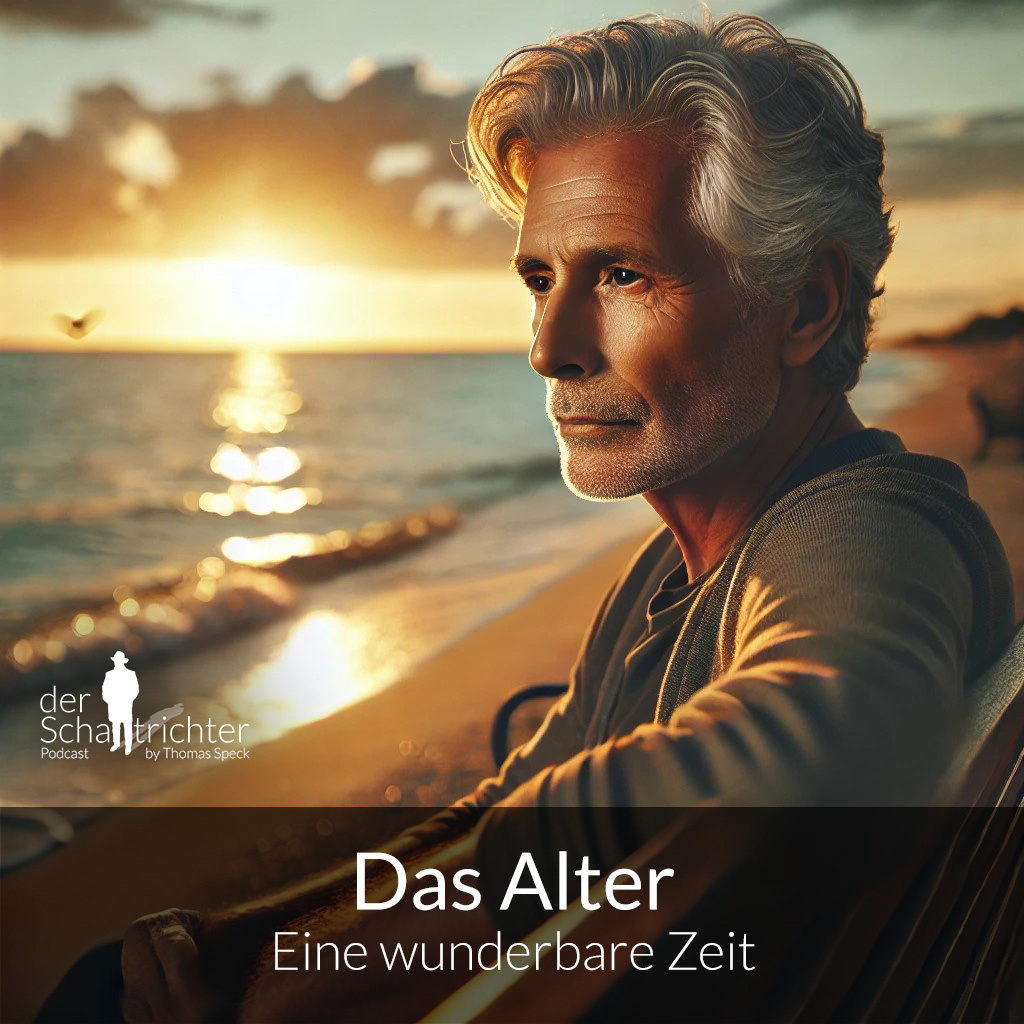 Ein älterer Mann sitzt allein auf einer Bank am Strand während eines goldenen Sonnenuntergangs. Sein Gesicht ist ruhig und weise, von grauem Haar und sanften Falten gezeichnet. Im Hintergrund rollen sanft die Wellen ans Ufer, während Möwen in der Ferne fliegen. Die warme, goldene Sonne beleuchtet die Szene, und der Mann blickt nachdenklich auf den Horizont, der die unendliche Weite des Ozeans zeigt. Die Atmosphäre ist friedlich und vermittelt die Gelassenheit und Akzeptanz des Älterwerdens.