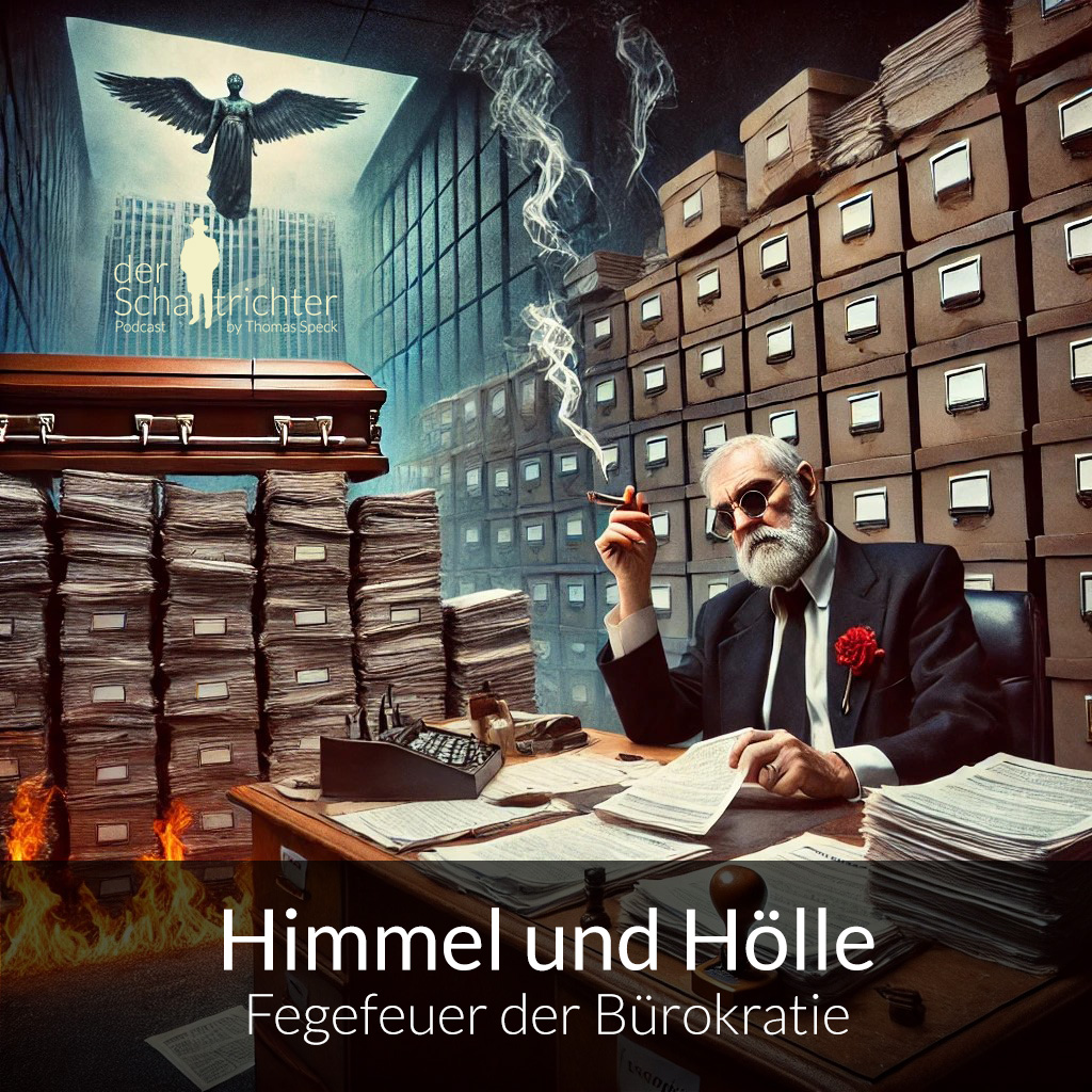 Ein surreal-satirisches Bild eines göttlichen Büros, in dem eine Bürokraten Figur hinter einem überladenen Schreibtisch sitzt, umgeben Karteikarten und Ordnern. Das Bild kombiniert ironisch Elemente wie Engelsfigur im Hintergrund und Bürokratentum mit der chaotischen Realität eines schlecht geführten Büros.