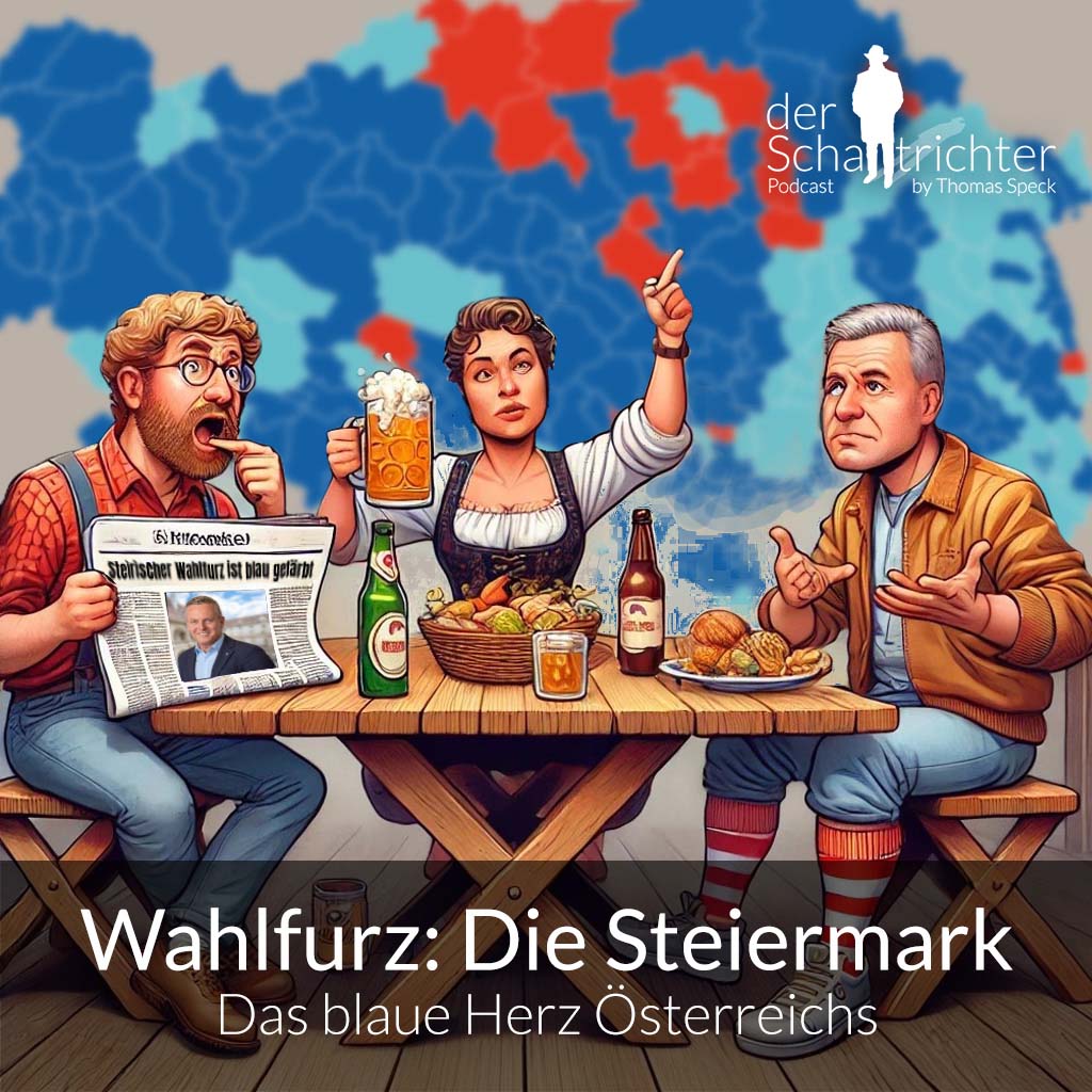 Ein humorvolles, satirisches Illustration mit drei fiktiven Charakteren in einem rustikalen Wirtshaus-Setting. Ein frustrierter Mann hält eine Zeitung, während eine Frau energisch gestikuliert und einen Bierkrug hält. Neben ihnen sitzt ein stiller Mann, der konzentriert an seinem Essen arbeitet. Im Hintergrund ist eine Karte der Steiermark zu sehen, die die politischen Umwälzungen der letzten Landtagswahlen zeigt. Die Szene vermittelt eine Diskussion voller Emotionen und politischer Ironie.