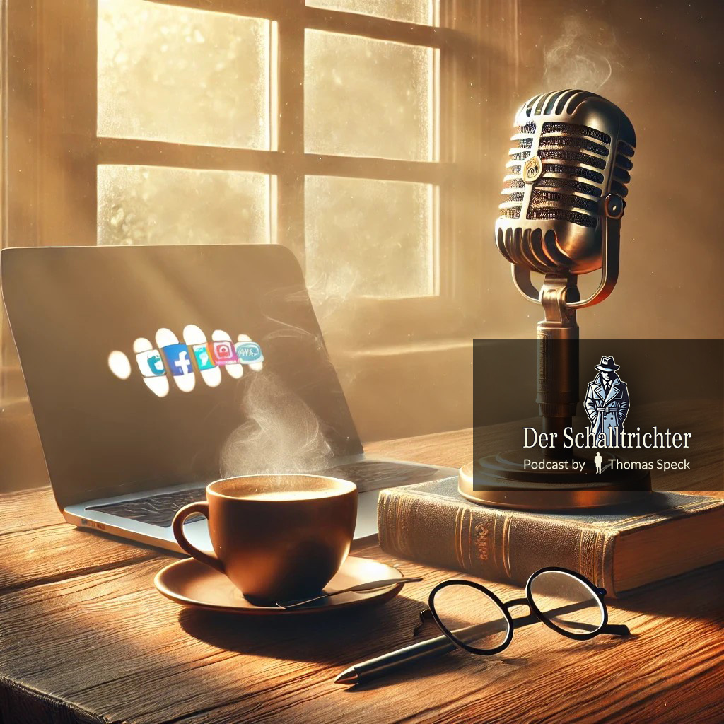 In einer schönen gemütlichen Holzstube auf einem Tisch: eine Tasse dampfender Kaffee, ein Podcast Mikrofon, Bücher, ein stift und eine Lesebrille. daneben ein laptop auf dem die logos der Meta Gruppe zu sehen sind: facebook, Instagram und Threads. Etwas melancholische Stimmung.